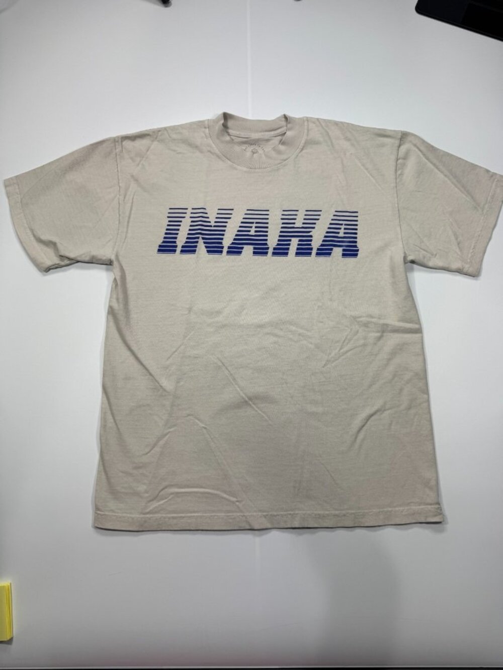 Inaka Power T-Shirt Men's M Beige Spell-Out Graphic Casual Summer Streetwear